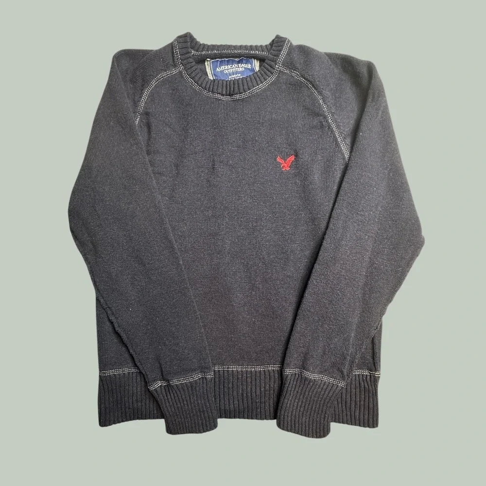 American Eagle Sweater Mens M Navy Blue Crewneck Raglan Contrast Stitch Logo